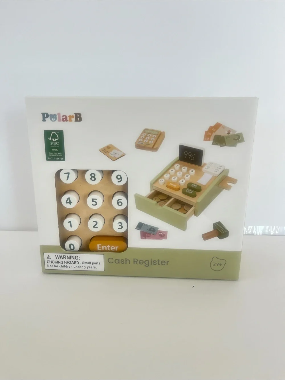 Kids Wooden Cash Register Toy in Green and Natural